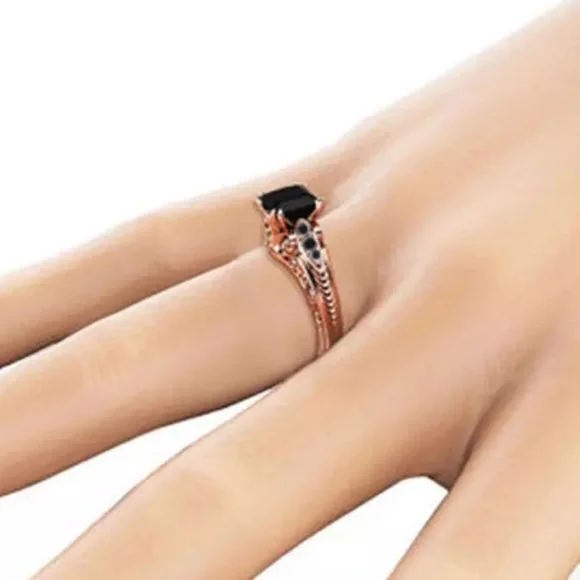 New Rose Gold 925 Sterling Silver Black Princess Cut Zircon Ring - Picture 2 of 5